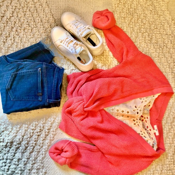 Front knot sexy salmon color sweater - Picture 2 of 5